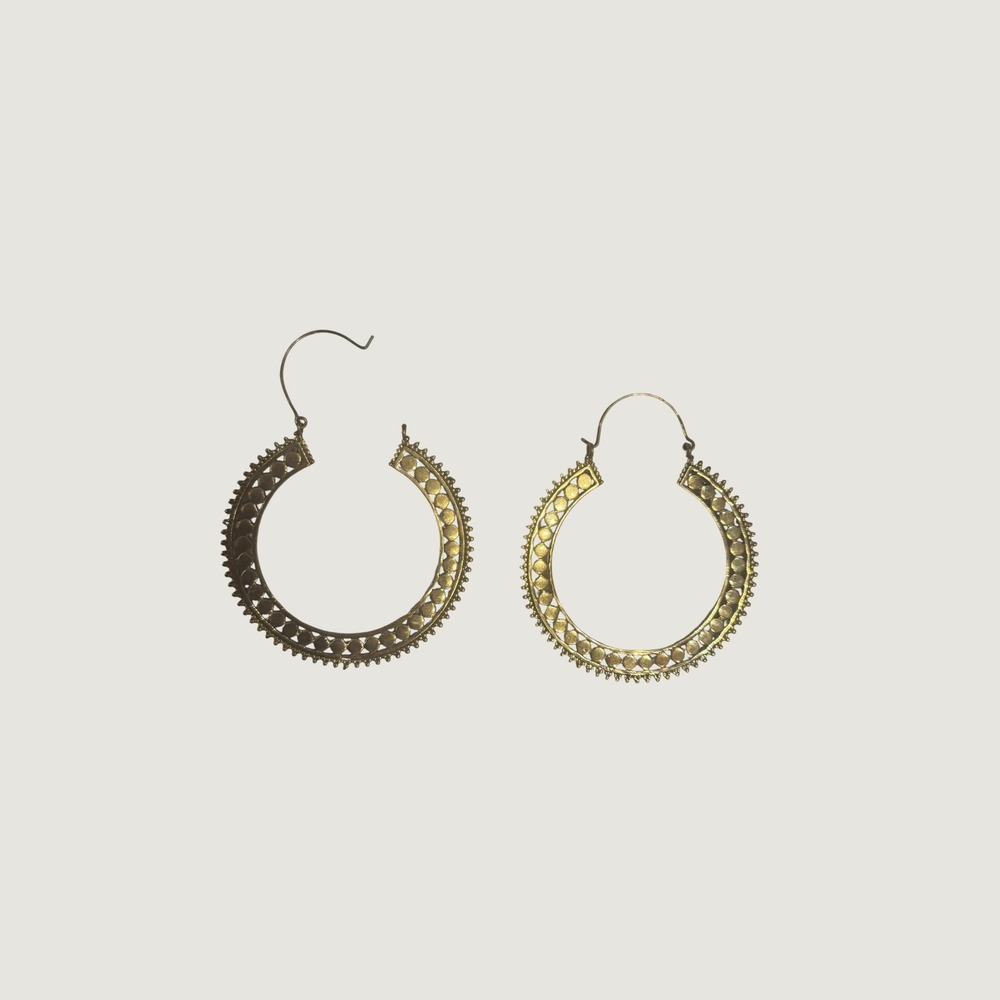 Bohemian Gold Tone Textured Dot Geometric Hoop Earrings Vintage Tribal Style - Picture 2 of 6